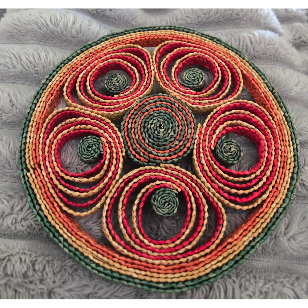 Vintage Woven Straw Trivet Spiral Boho Hot Pad Green Orange Red 7.25 Inch